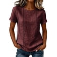 thumbnail image 3 of ClodeEU Women's Striped Round Neck Short Sleeve Blouse,Casual Summer Linen Blend Tee Wine,Women's Plus L, 3 of 9