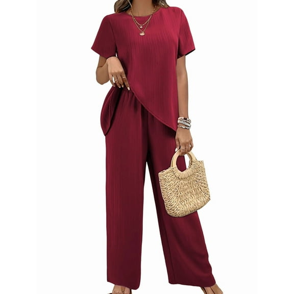 Womens Summer 2 Piece Outfits Short Sleeve Casual Round Neck Wide Leg Long Pants Suit Set Wine Red M