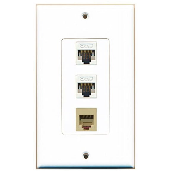 RiteAV - 1 Port Phone RJ11 RJ12 Beige 2 Port Cat5e Ethernet White Decorative Wall Plate