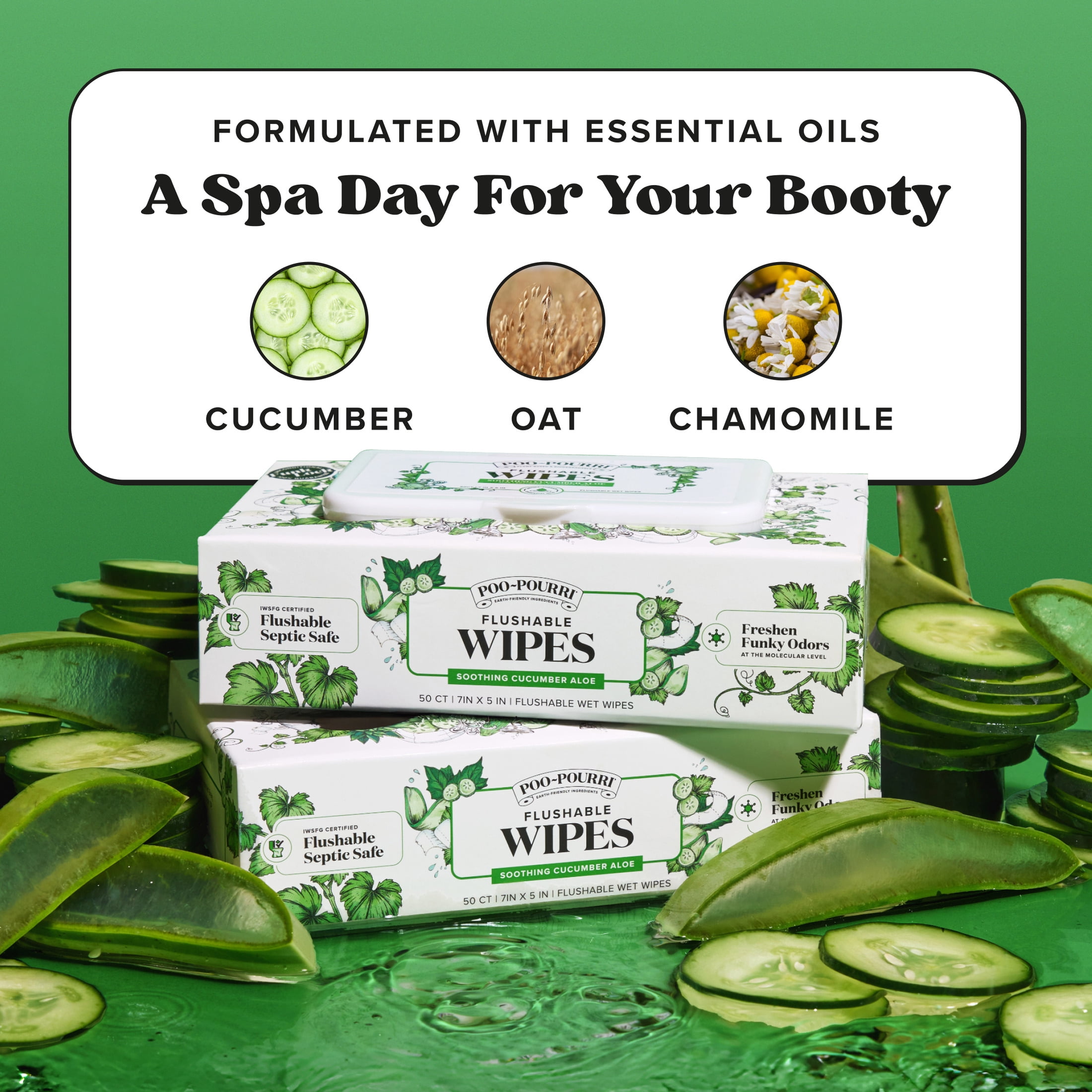 Poo~Pourri Flushable Wipes, Cucumber Aloe Scent, 50ct