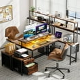 thumbnail image 3 of GUNAITO 70 inch Office Desk with LED Lights & Power Outlet Computer Desk with Fabric Drawer Gaming Desk with Monitor Stand Large Corner Desk with Double-layer Storage Shelf Rustic Brown, 3 of 8