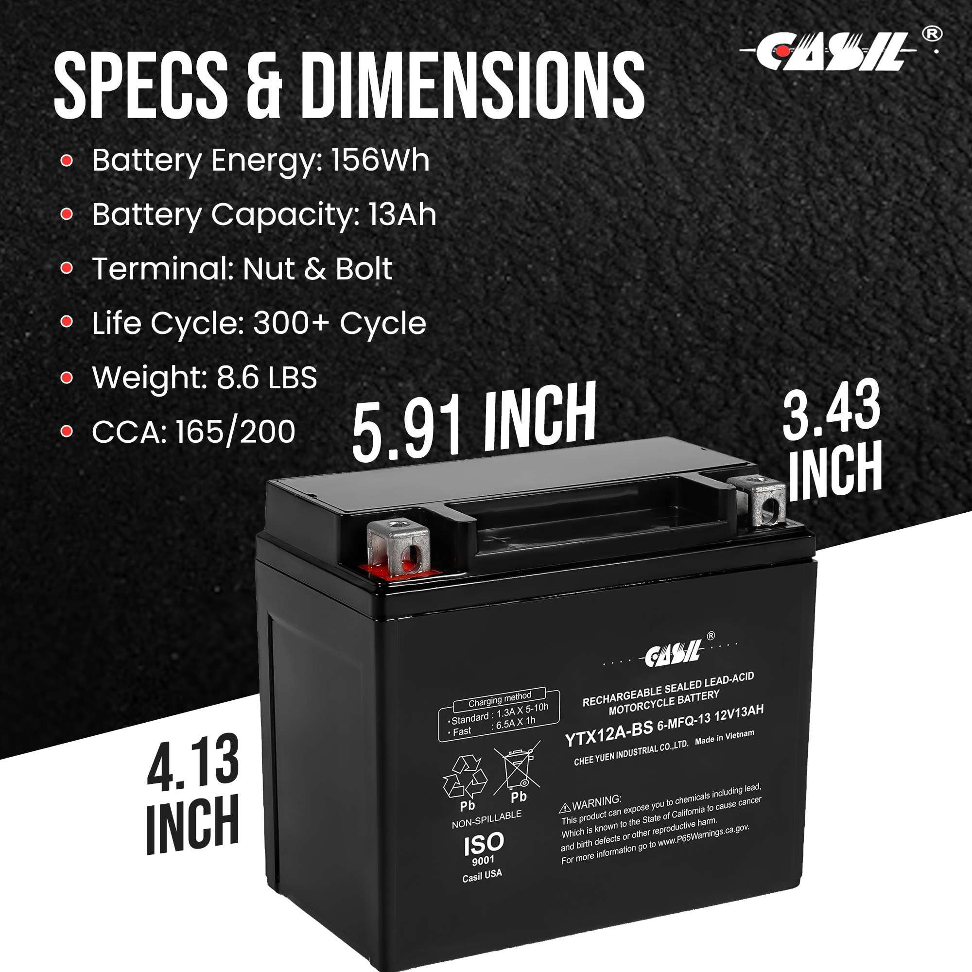 CASIL YTX12A-BS Replacement Power Sports Battery for Motorcycles, ATV's, and Scooters