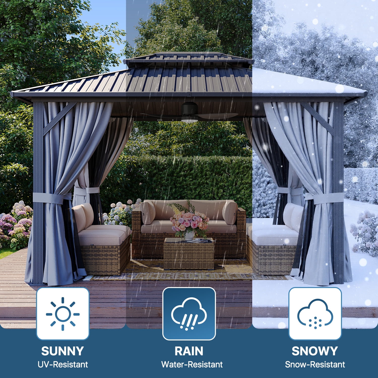 Sumnthink 10'x12' Hardtop Gazebo, Steel Double Galvanized Top Canopy, Aluminum Frame Permanent Pavilion Metal Gazebo with Netting and Curtains, for Patio, Garden, Lawn