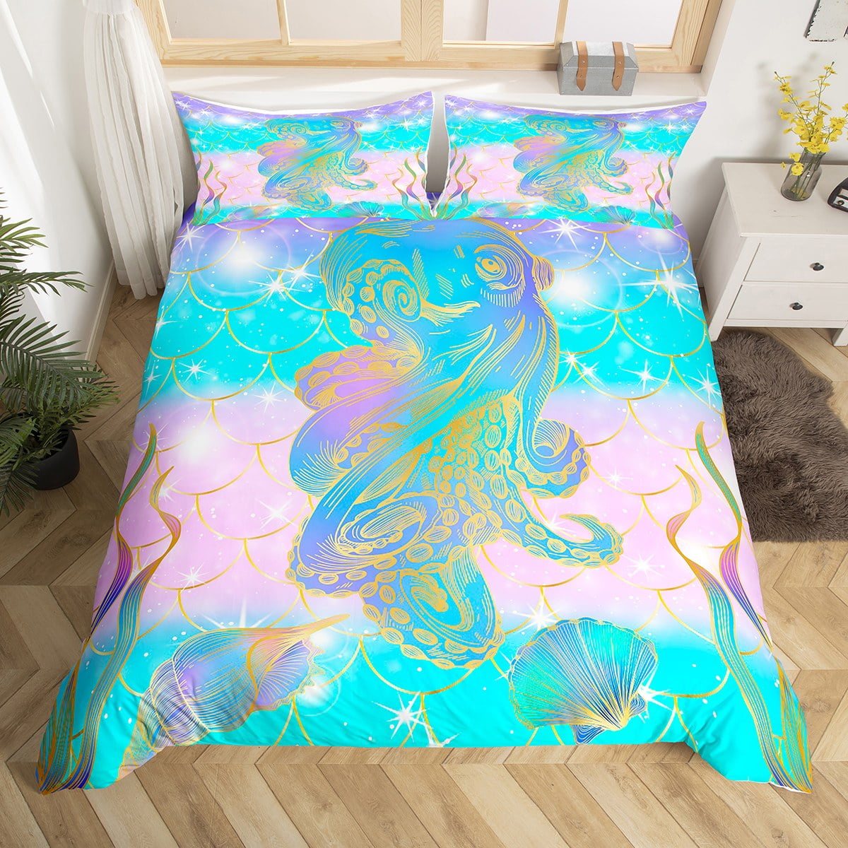 YST Octopus Duvet Cover King Size, Mermaid Fish Scale Comforter Cover