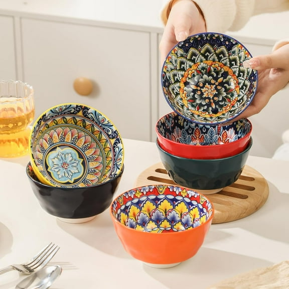 Ceramic Bowls Set of 6 - 6.3in, Microwave & Dishwasher Safe for Cereal, Soup, Dessert