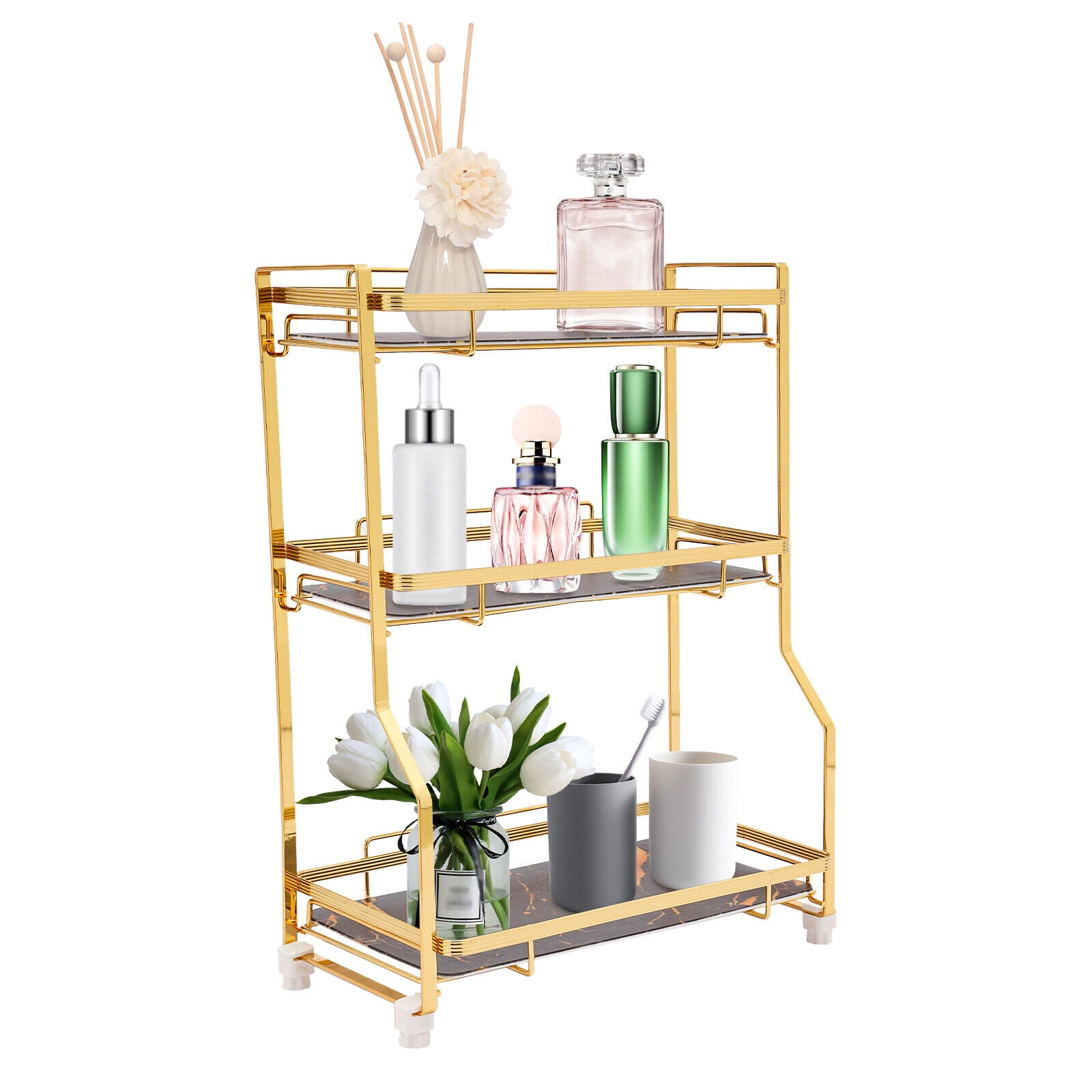 3 Tier Gold Countertop Organizer Bathroom Vanity Counter Box W/ Storage Basket