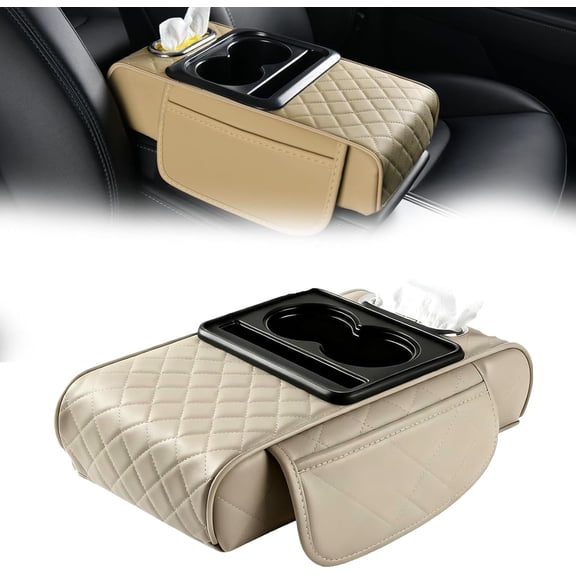 Car Center Console Armrest Cushion Pad with Storage Pockets Cup Holders Tissue Box Phone Slot, Universal Memory Foam Leather Cover Organizer Interior Accessories for Most Vehicles