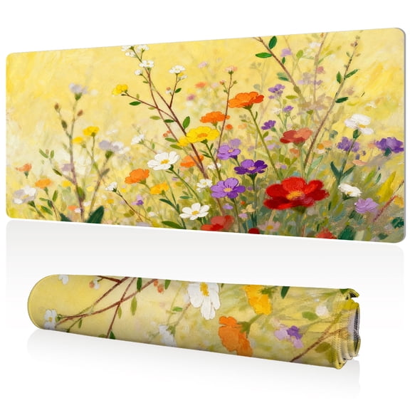 LIVEKEY Mouse Pad Ultra Large 80x40x0.3cm Full Desk Coverage Vibrant Floral Pattern on Yellow Background with Sewn Edges for Gaming and Office