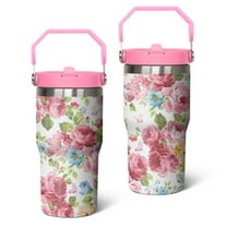 20oz Pioneer Stainless Steel Tumbler with Top Handle,Colorful Floral Travel Coffee Mug Flip Straw Cup,Gifts for Women Girls Men Adults（pink）