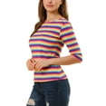 thumbnail image 4 of Allegra K Women's Casual Round Neck Elbow Sleeves Slim Fit Stripes T-Shirt, 4 of 6