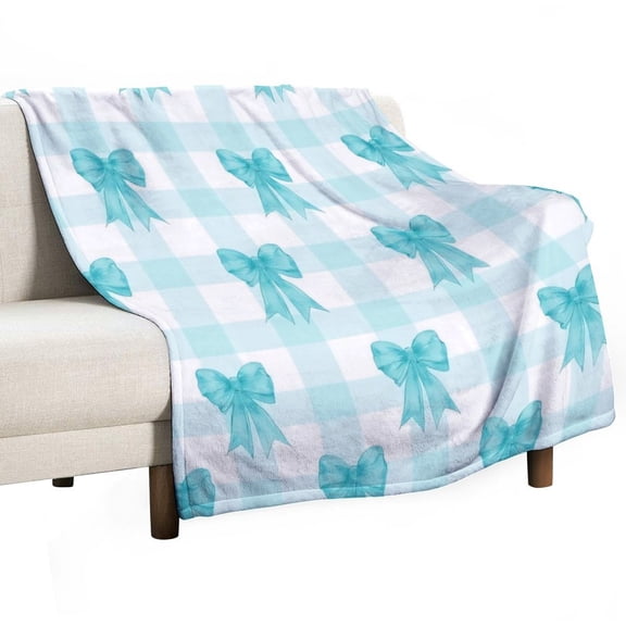 Blue Bow Checkered Pattern Throw Blanket Warm Microfiber Flannel Bedroom Decor Blankets For Beds