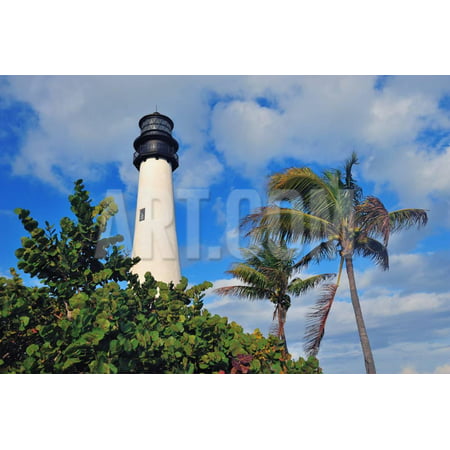Cape Florida Light Lighthouse with Atlantic Ocean and Palm Tree at Beach in Miami with Blue Sky And Print Wall Art By Songquan