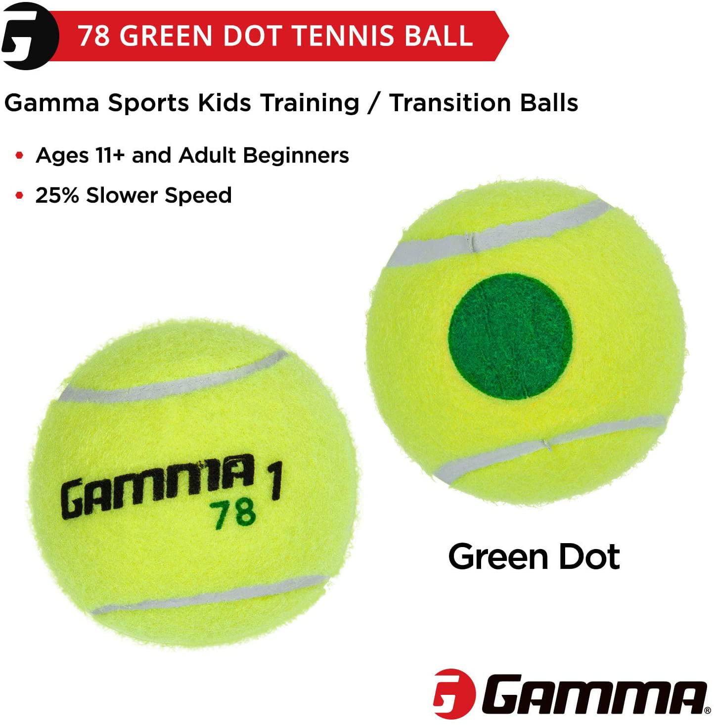 25%-50% Slower Ball Speed - 12 Practice Tennis Balls: Orange 60 or Green 78 Dot 36 48 Transition 60 Pack Sizes Gamma Beginner Child or Adult Training 