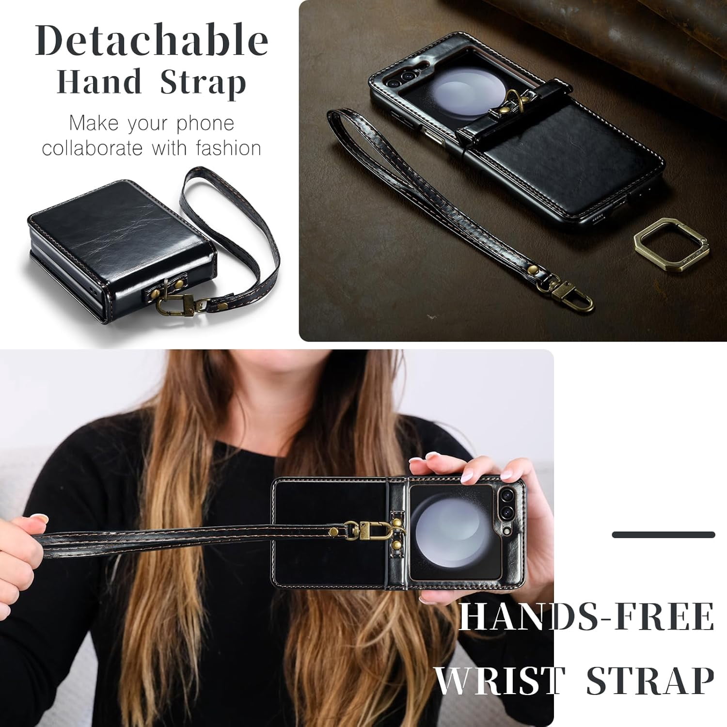 Phone Case for Samsung Galaxy Z Flip 5 5G 2023 with Lanyard Wrist Strap Thin Slim PU Leather Shockproof Hard Shell Protective Cell Cover ZFlip5 Z5 G Flip5 5Z Women Girls Black