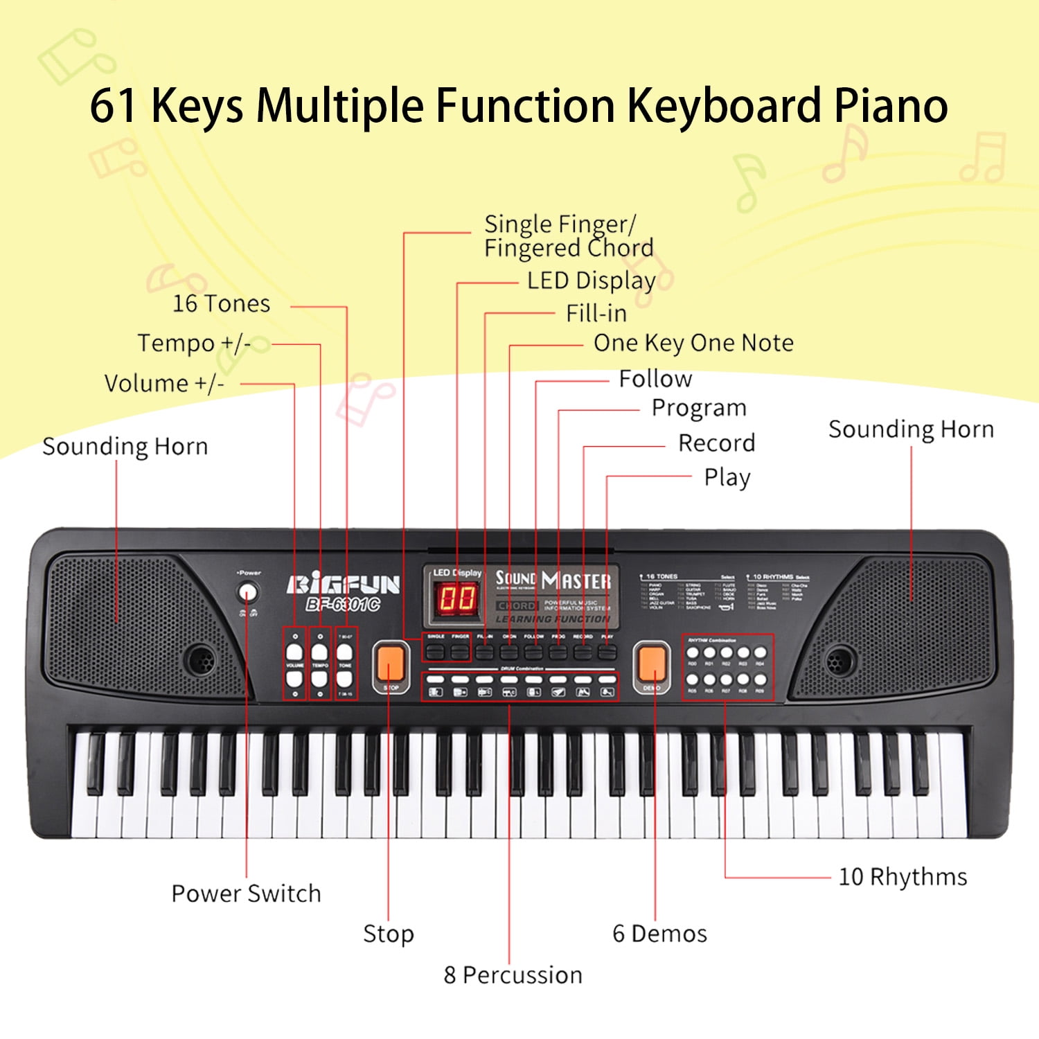 OUTGOO Kids Keyboard Piano, Portable 61 Keys Piano Keyboard for Beginners, Electronic Digital Piano with Built-in Dual Speaker, Microphone and Music Stand, for Boys Girls Ages 3-12