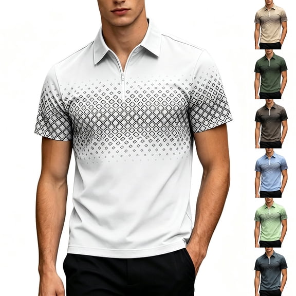 FRSASU Polo Shirts for Men Loose Fit Short Sleeve Contrast Color Print Quarter-Zip Golf Shirt Summer Spring Casual Tops White