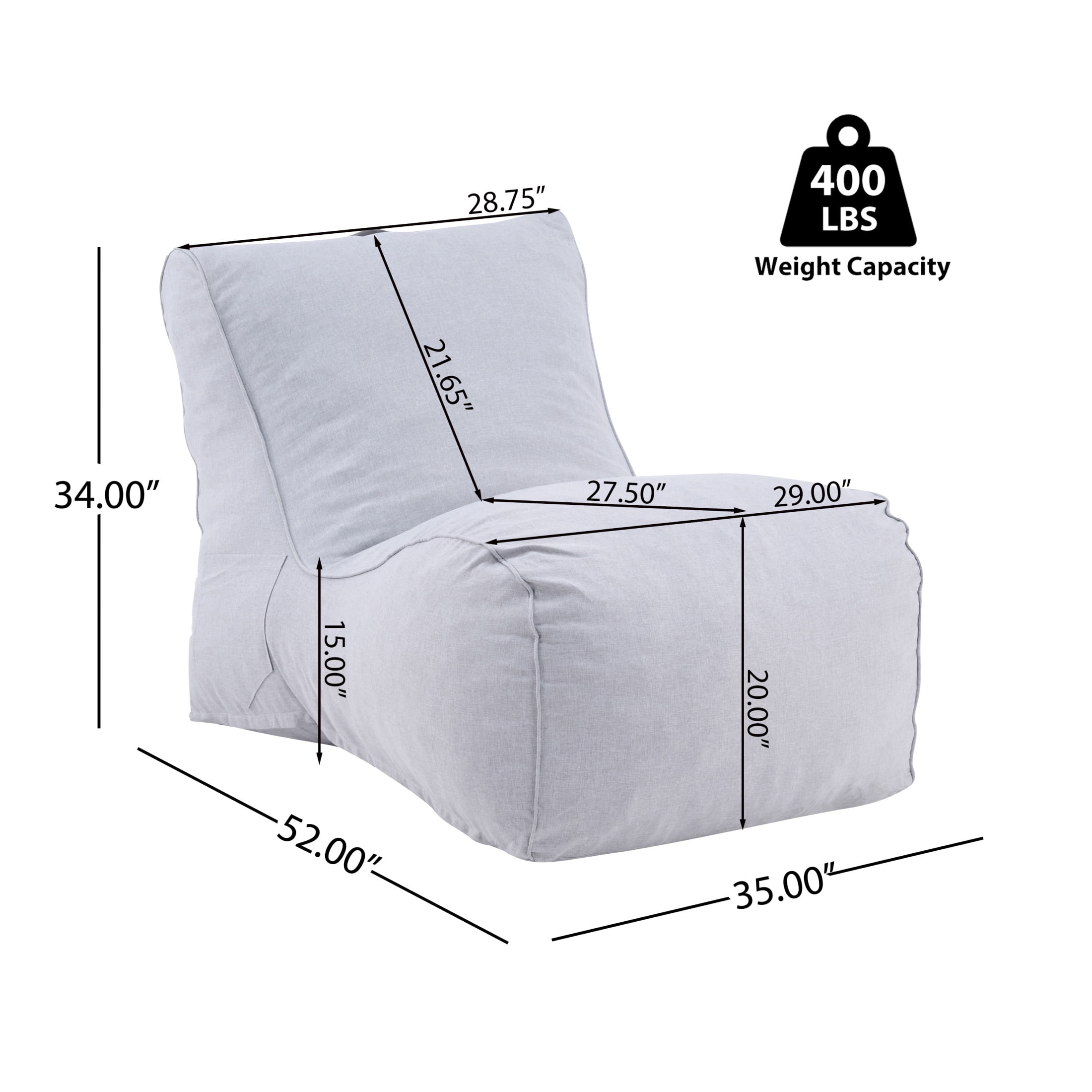 Christopher Knight Home 52" Outdoor Patio Bean Bag Chair, Shredded Foam Fill Lounger, Gray, Set of 2