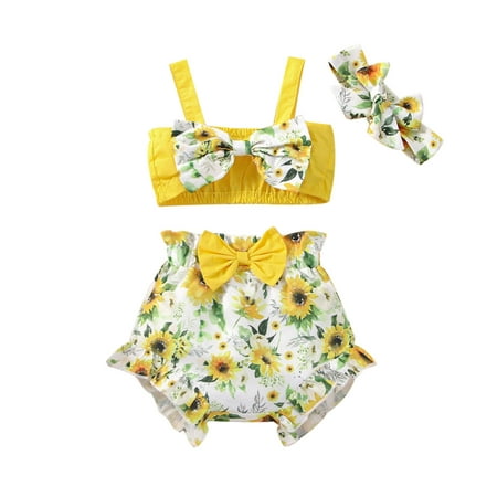 

Cute Outfits for Young Women Girls Sleeveless Bowknot Vest Tops And Sunflower Floral Prints Shorts Headbands Outfits Tops Girls