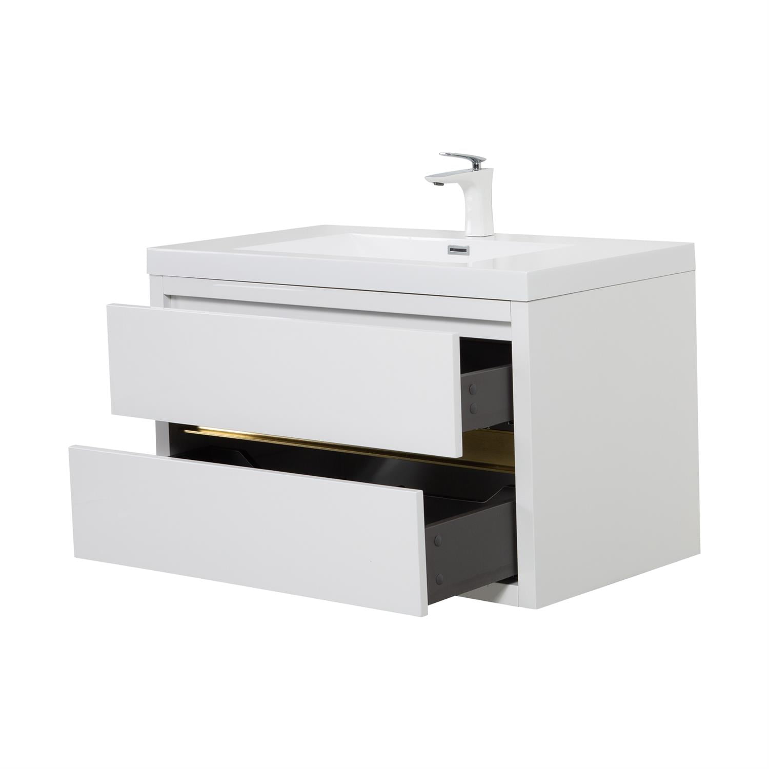 Demi Bonn 35" Wall-Mounted Bathroom Vanity with Sink, Stone Resin Countertop and 2 Soft Close Drawers, Faucets and Drains Not Included, White