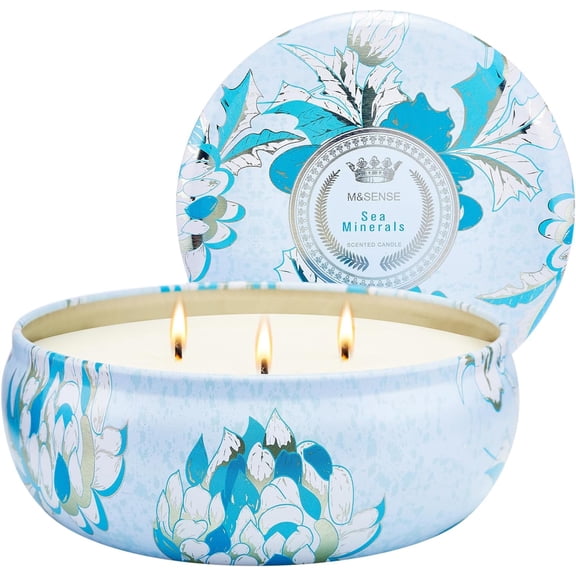 M&SENSE Sea Minerals Scented Candles, Large 3 Wick Soy Tin Candle, Over 40 Hour Burning Time, 100% Natural Vegan Wax, Relaxing Aromatherapy Aesthetic Candle