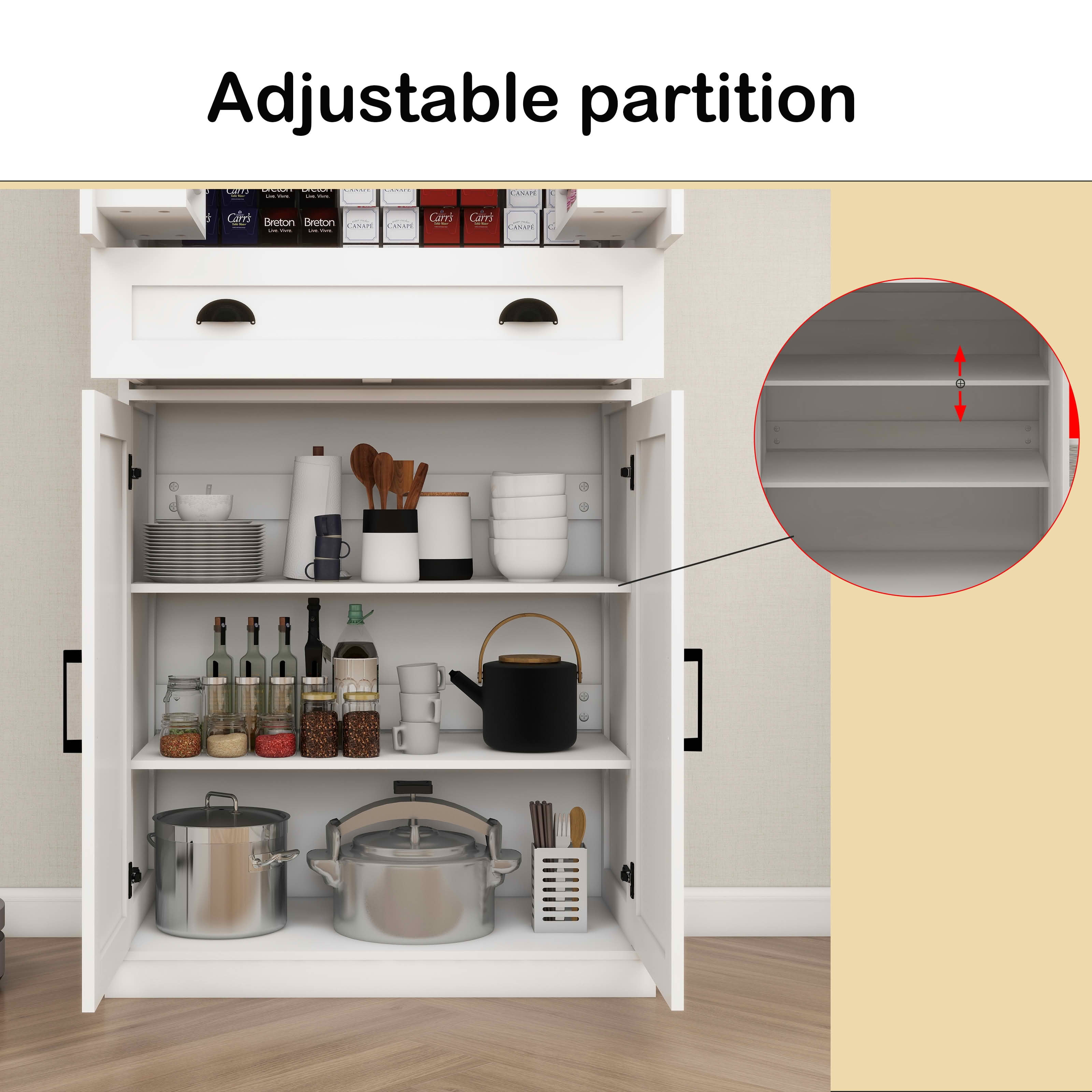 MAYEERTY 71-Inch Kitchen Pantry Storage Cabinet, Freestanding Cupboard with 4 Doors 2 Rack Doors 1 Drawer 2 Adjustable Shelves White