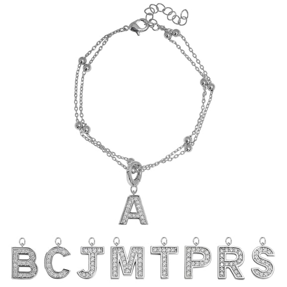 JeenMata Lab Grown Diamond Initial "A" Letter Bracelets - Double Layer Alphabet Jewelry Bracelet - 18K White Gold Plating for Women Jewelry