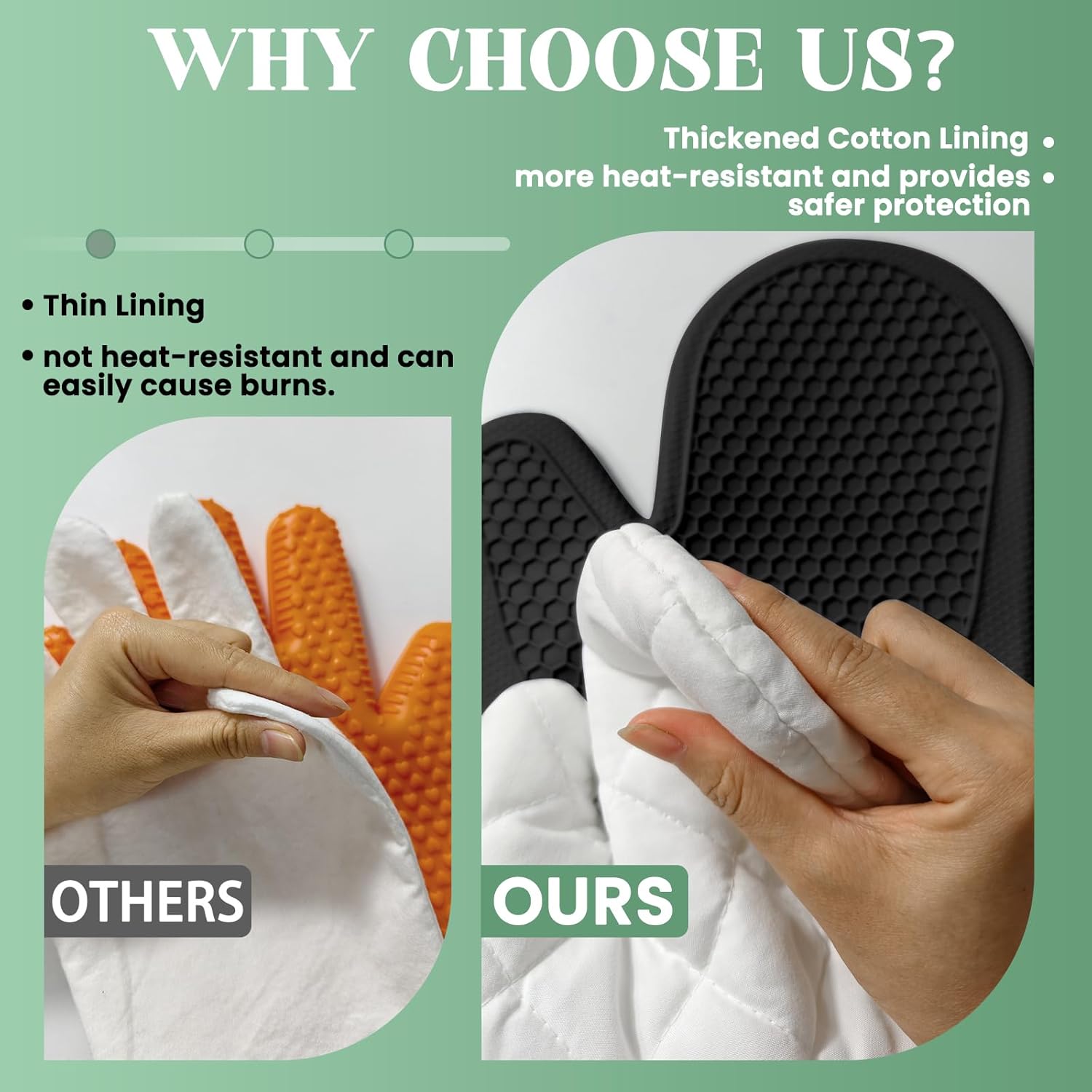 Thickened Silicone Oven Mitts Heat Resistant to 500ºF - [Ultra Heat Resistant] [Thickened Liner] [Waterproof Silicone] Kitchen Oven Gloves Mittens for Cooking, 1 Pair (Black)