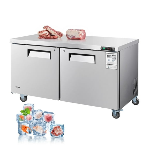VEVOR 60" W Commercial Freezer, 14.8 Cu.Ft Worktop Freezers Undercounter with LED Auto Lighting and Lockable Door,2 Doors Food Freezing Prep Worktable,Stainless Steel