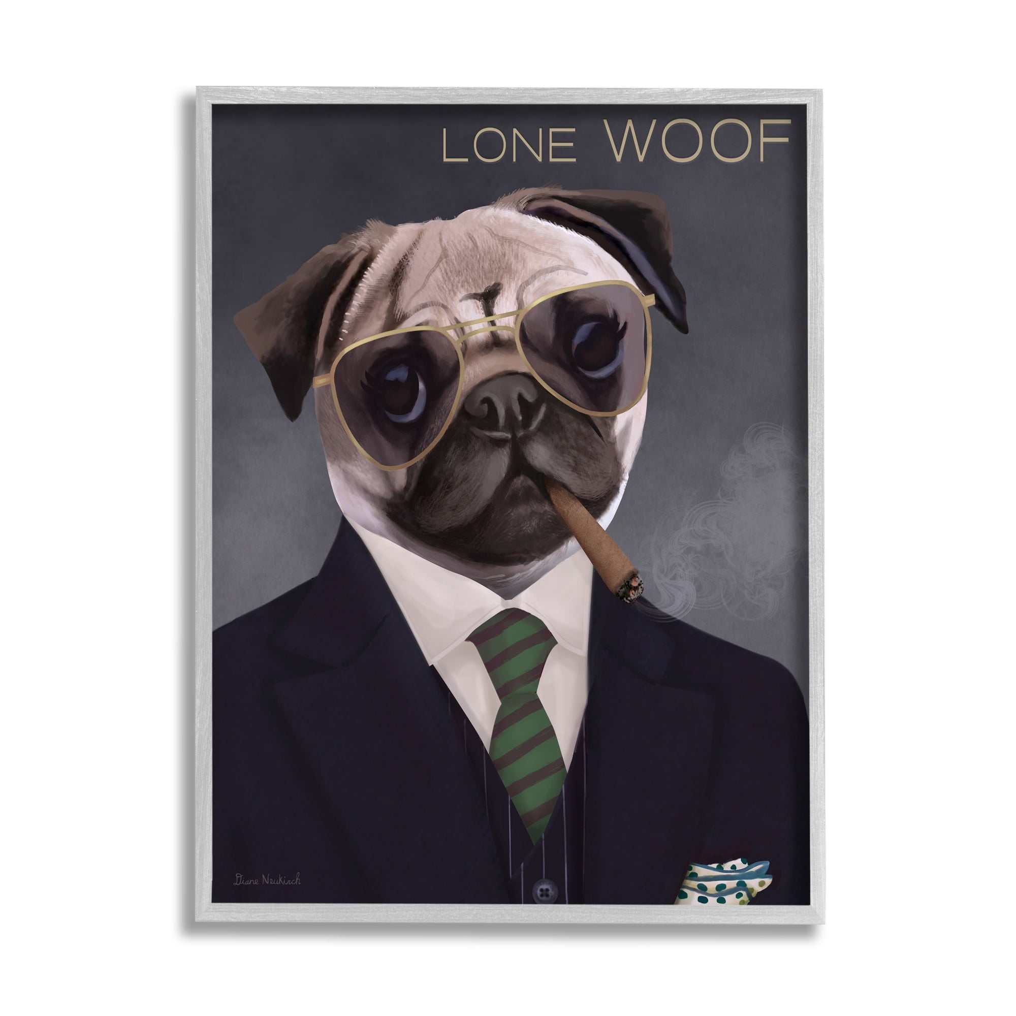 Stupell Industries Lone Woof Pug Dog Smoking Cigar Necktie Graphic Art Gray Framed Art Print Wall Art, Design by Diane Neukirch