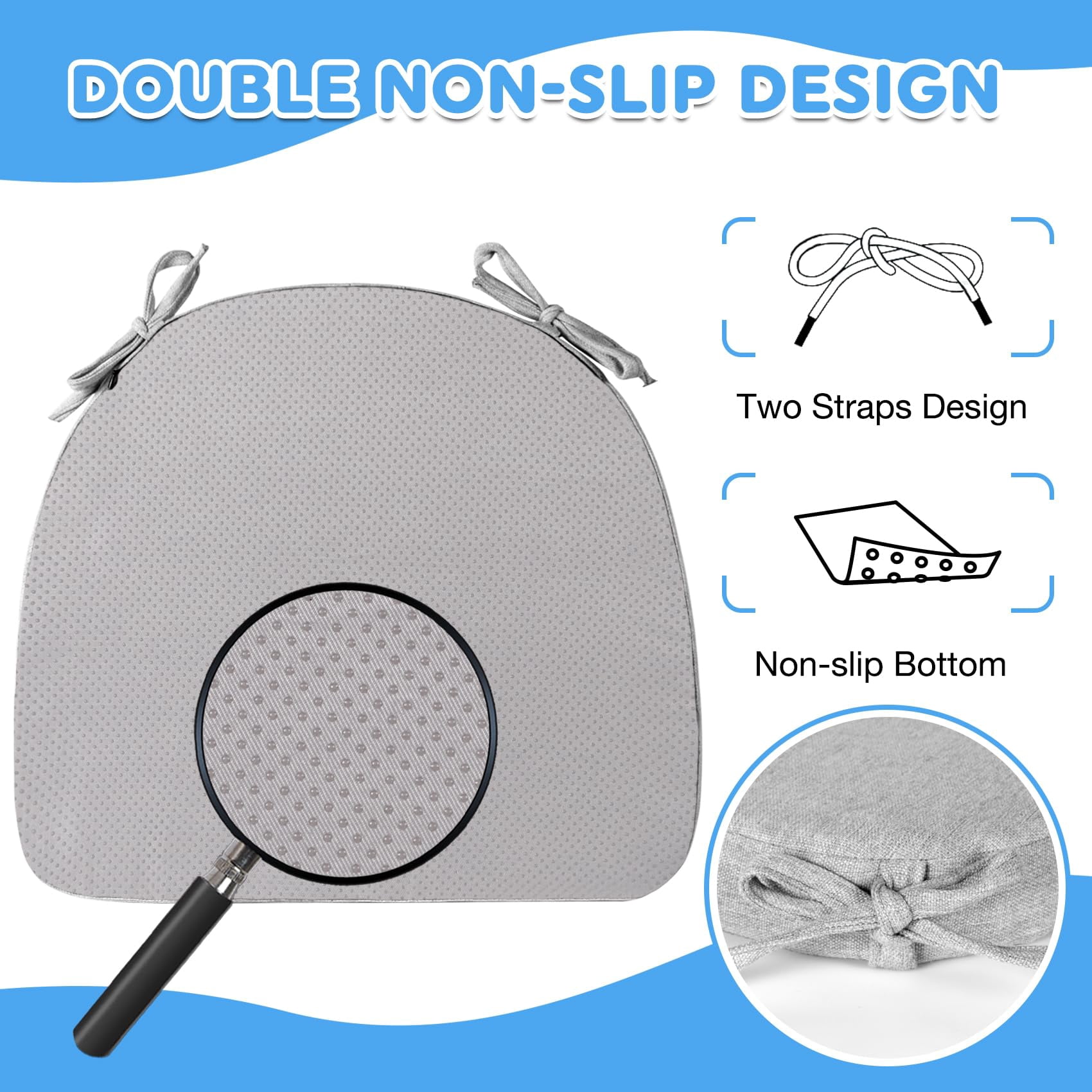 Chair Cushions for Dining Chairs Set of 2, D-Shaped 17" x 16" Memory Foam Seat Cushions, 2" Thick Olefin Kitchen Chair Pads with Ties & Non-Slip Backing, Light Gray