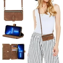 for iPhone 15 Pro Crossbody Wallet Case with Card Holder, Premium Zipper Leather Long Shoulder Lanyard Strap Flip Cover for iPhone 15 Pro 6.1 inch - Brown