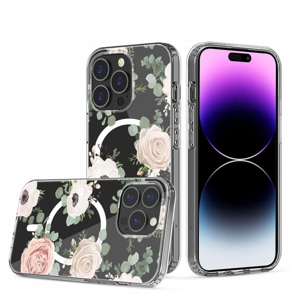 For iPhone 12 & iPhone 12 Pro Beautiful Floral [Magnetic Circle] ShockProof Transparent Hybrid Design - A