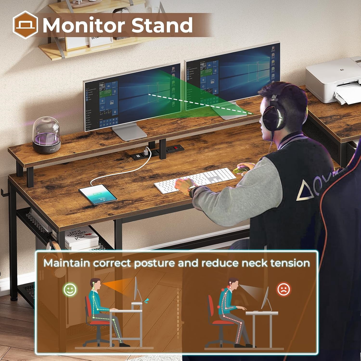 59" Office Desk with Drawers, Reversible Computer Desk with File Drawers & Storage, Gaming Desk with LED Lights & Power Outlet, Home Office Desks for Printer, Rustic Brown