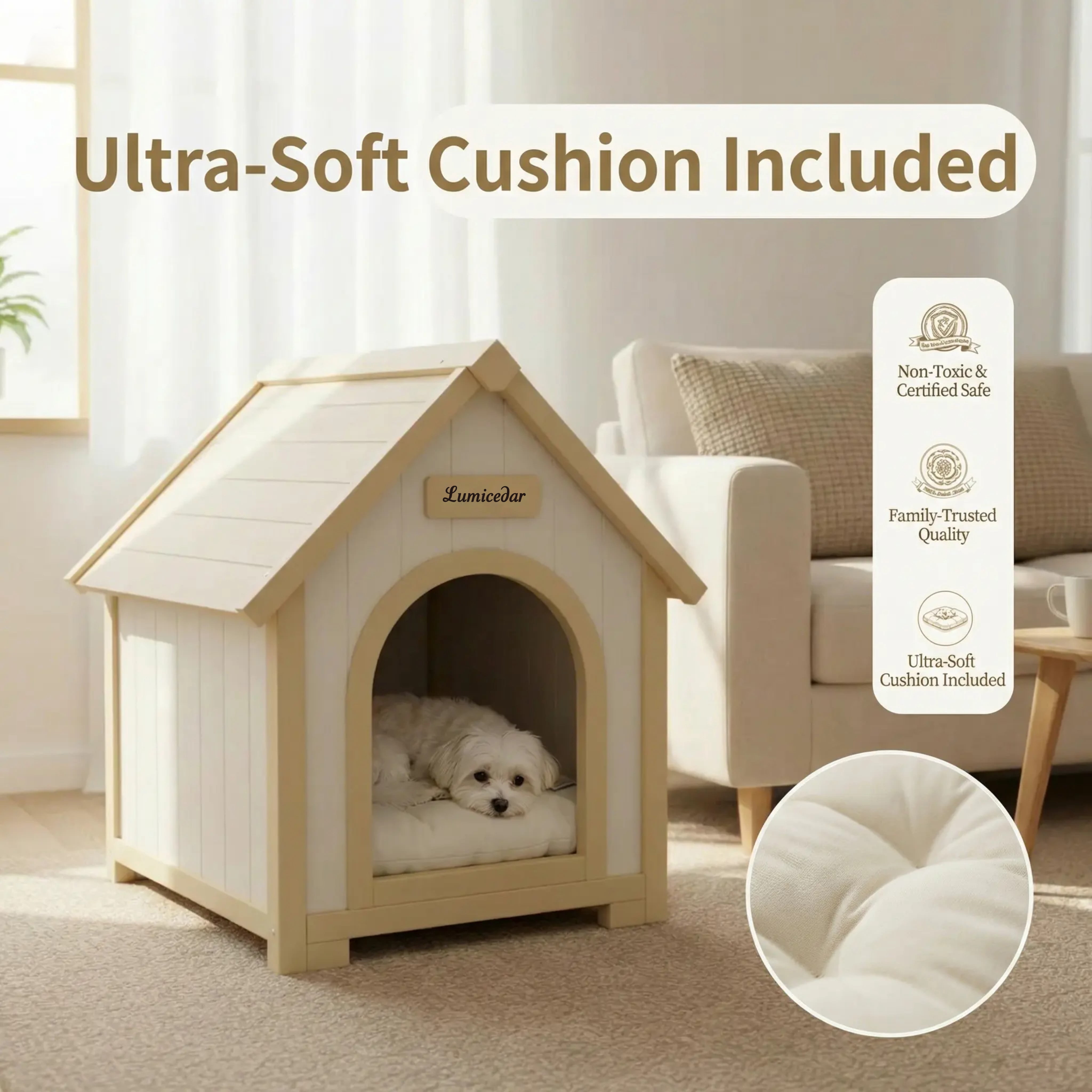 Indoor Wooden Dog House with EVA Cushion, Solid Cedar Furniture-Style Pet House Shelter for Small Dogs and Cats, Scandinavian Design Cozy Retreat for Living Room Bedroom, Creamy White Light Yellow