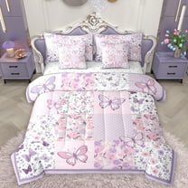 Homewish Butterfly Printed 7 Pieces Bedding Comforter Set,Rustic Flower Floral Full Bedding Set,Purple Pink Fitted Sheet Flat Sheet For Girl Kids,Luxury Bedroom Decor