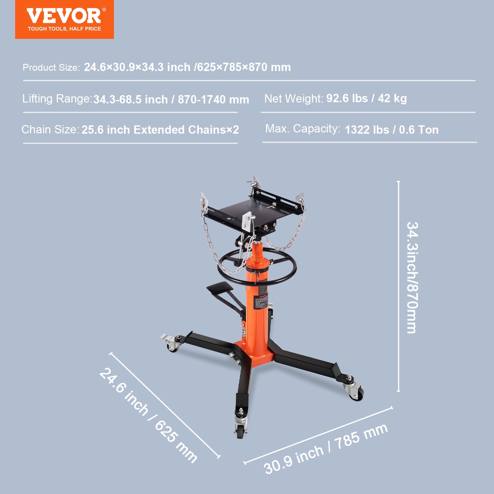 VEVOR Transmission Jack, 1322 LBS Hydraulic Telescoping Transmission Jack, 32"-67" High Lift Floor Jack Stand with Foot Pedal, 360° Swivel Wheel, Hydraulic Transmission Jack Garage/Shop Lift Hoist