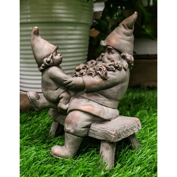 Family Bonding Papa Gnome With Baby Gnome Sitting On Wooden Stool Garden Statue
