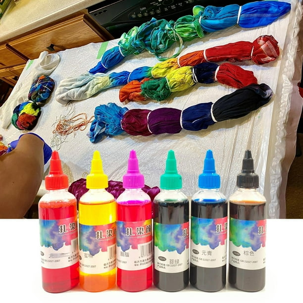 Set de pigmentos Tie Dye | 6 Colores | 600ml Total | Pintura para telas brillante, duradera y no tóxica | Fácil aplicación | Resistente a la decoloración | Para camisetas y decoración | Kit de