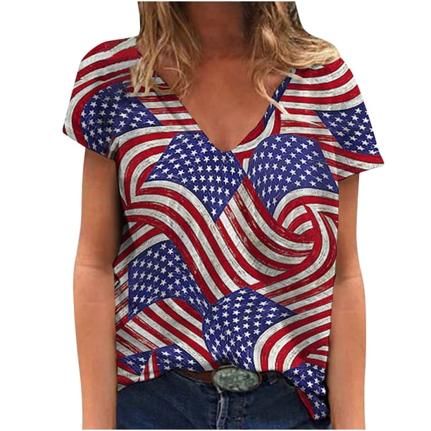 Moda mujer manga corta cuello en V bandera impresa Casual camiseta Tops blusa Pompotops hkajfhjk465521
