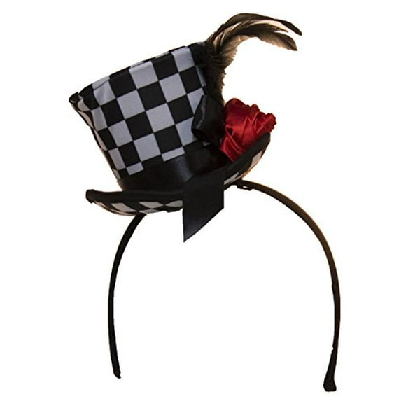 Checkered Mini Top Hat Headband with Feathers & Flower