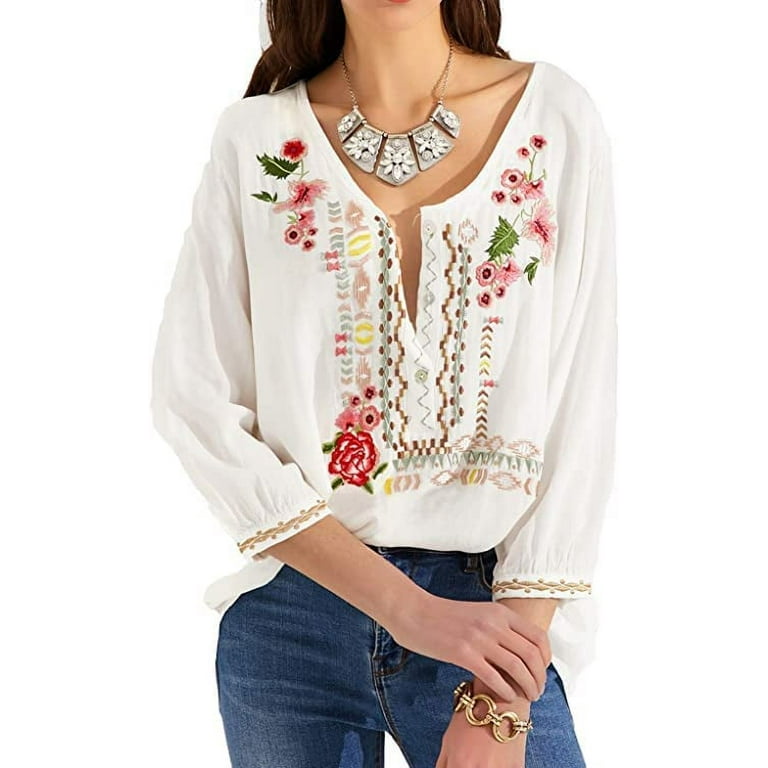 Womens Embroidered Tops 3 4 Sleeve Bohemian V Neck Loose Mexican Peasant Shirts Tunics Blouses