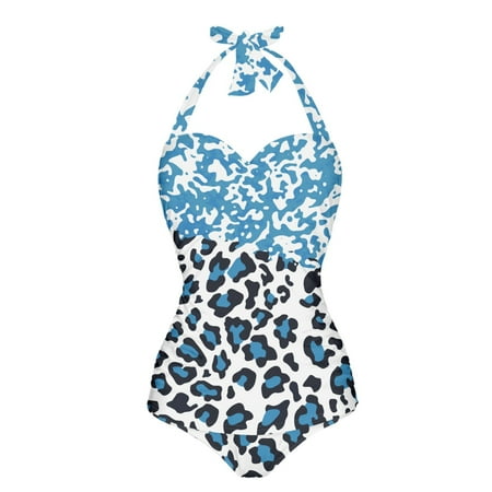 FKELYI Women s Cosy Swimwear with Halter Strap Cow Blue Print One Piece Swimsuit Bathing Suit Tummy Control Monokini with Soft Pad for Ladies Swimming Surfing  2XL