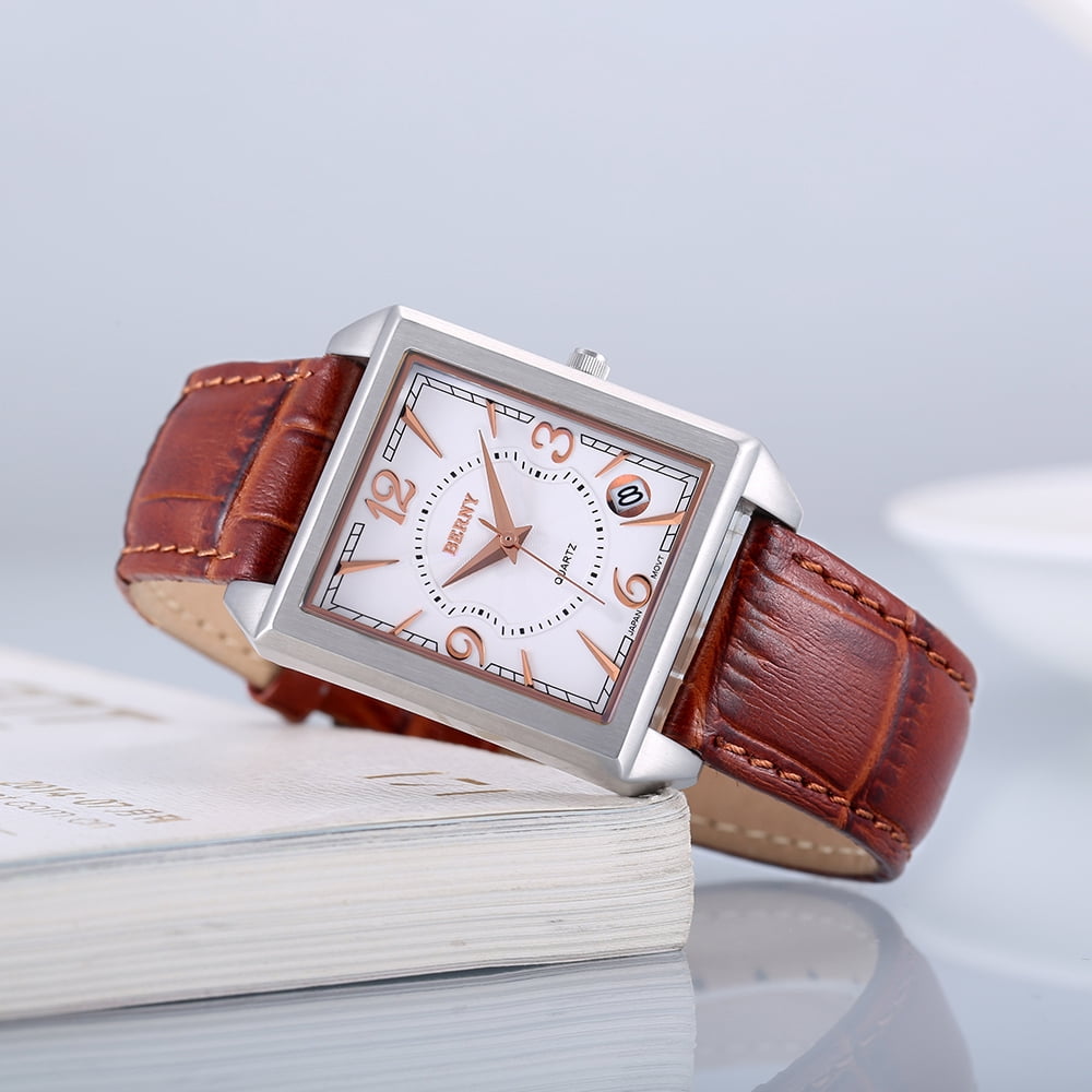 BERNY Square Watches for Men, Vintage Quartz Analog Leather Watch with Date Calendar, Stainless Steel, Waterproof, Dress Mens Wrist Watch Gifts (Rose Gold)