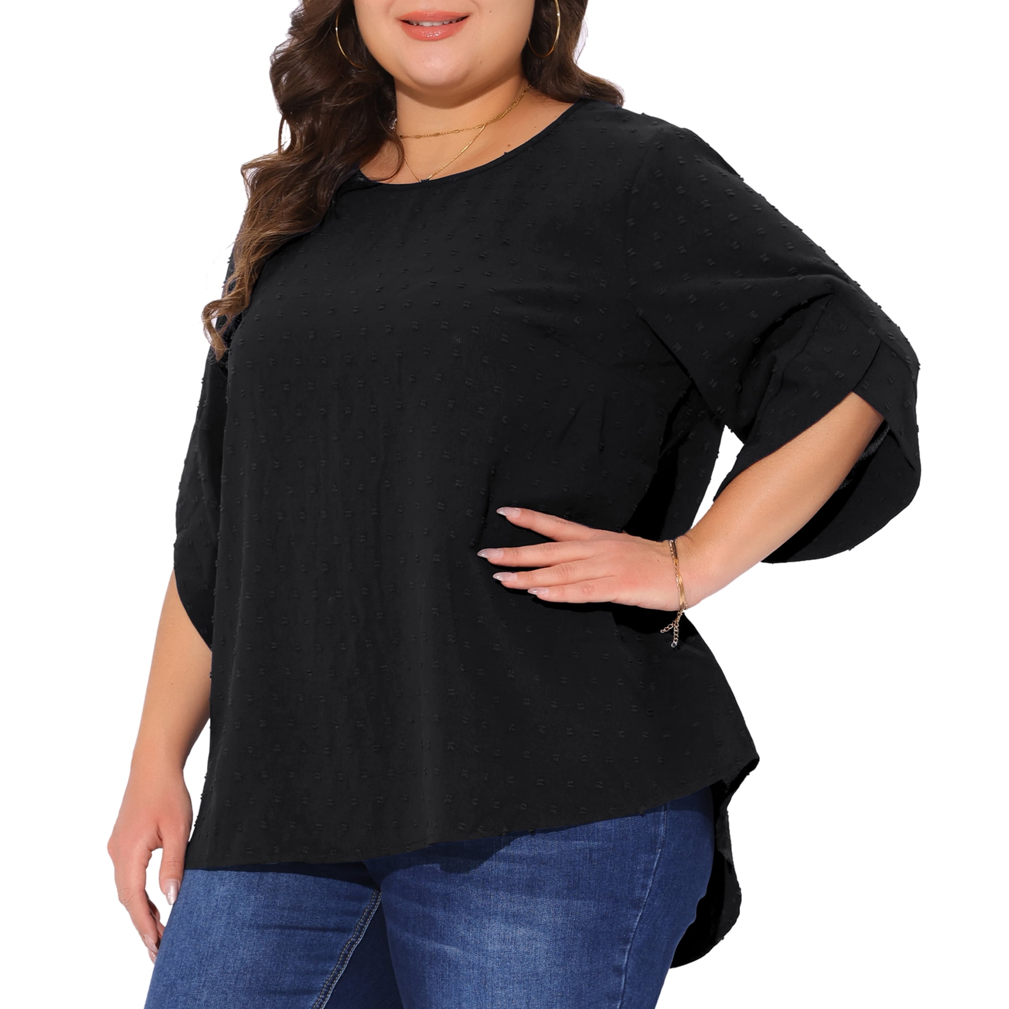 DARING DIVA Women's Plus Petal Sleeve Swiss Dots Blouse T-Shirt Tops 2X Black