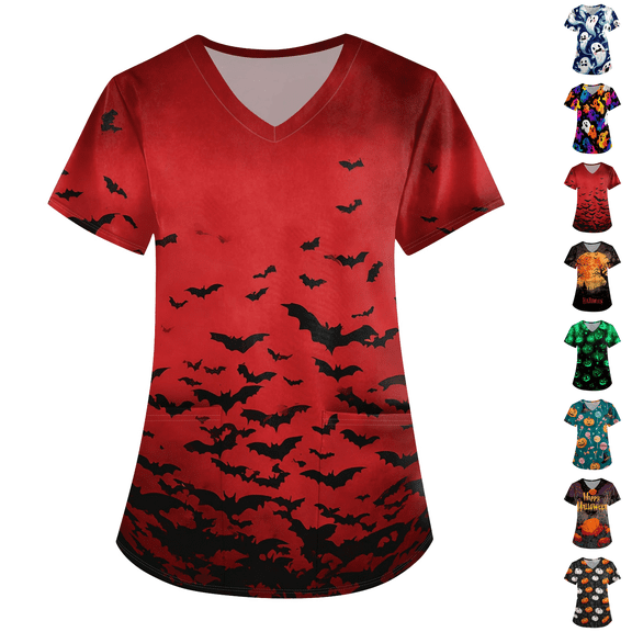Women's Scrub Tops V Neck Ghost Print Short Sleeve Medical Shirts with Pockets Nursing Uniforms Scrubs
