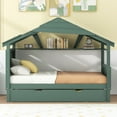 thumbnail image 3 of Twin Size House Bed with Trundle, Modern Montessori Bed with Open Shelf, Wood Bed Frame with Headboard and Roof, for Bedroom, Dorm, Green, 3 of 9