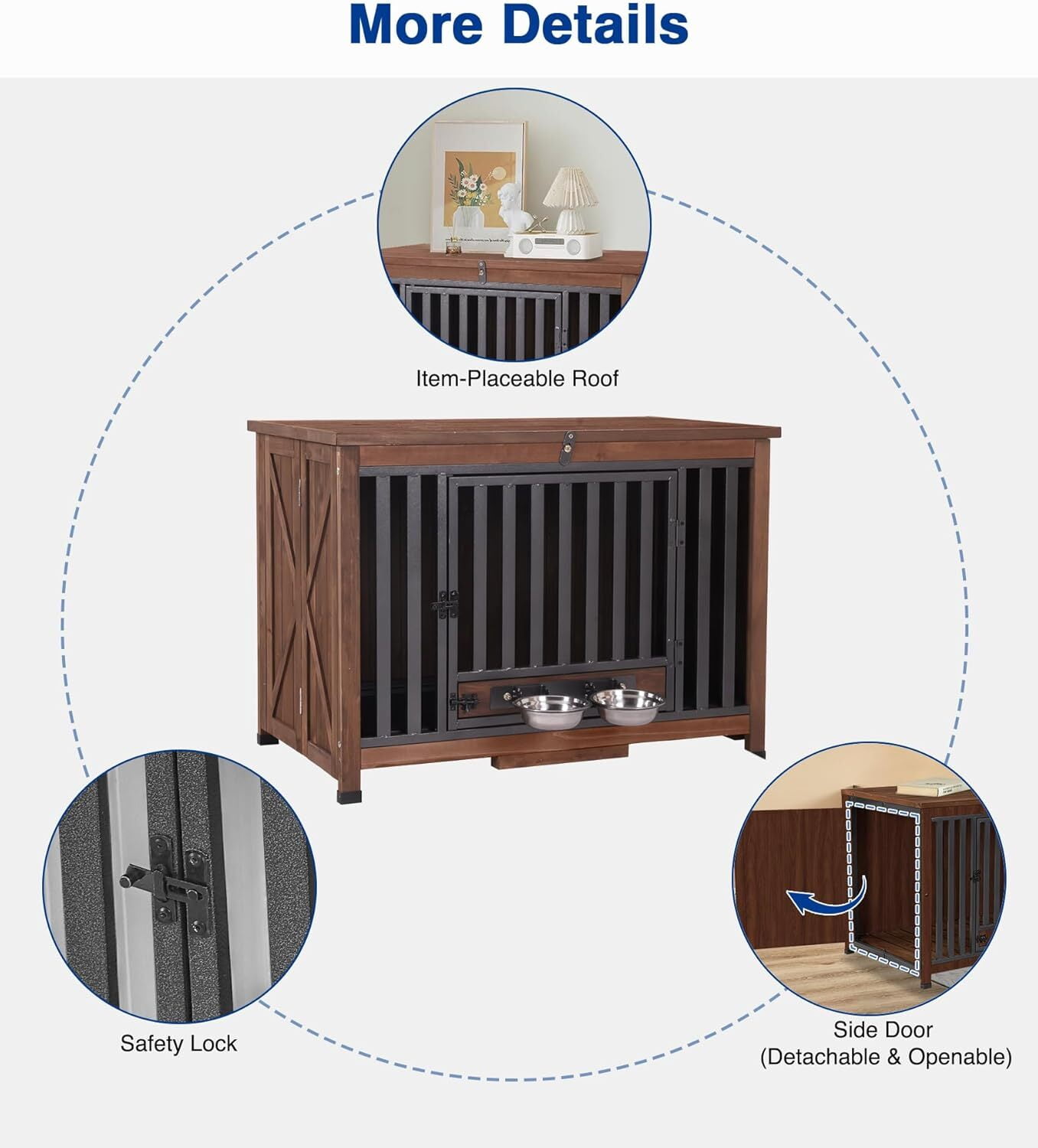 Aivituvin Dog Crate Furniture, Foldable Wooden Dog Kennel Furniture with 360° Rotating Feeding Bowls, Iron Frame Dog Crate with Deepened Sliding Tray , 39.4" L Brown