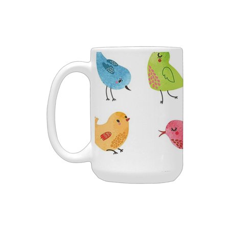 

Animal Decor Colorful Cute Birds Watercolor Effect Humor Funny Mascots Paint Brush Art Kids Design M Ceramic Mug (15 OZ) (Made In USA)