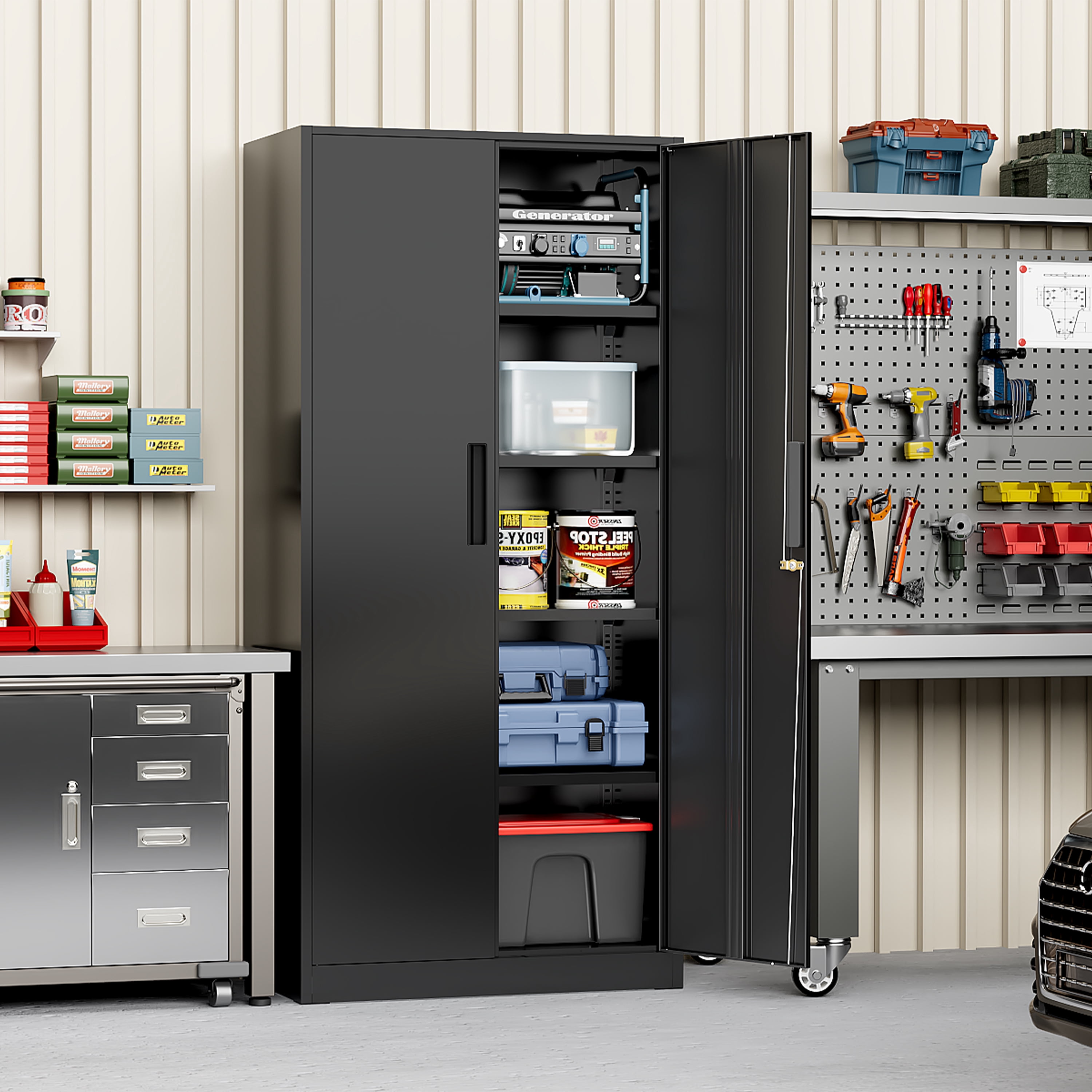SUNCROWN 71 In Metal Storage Garage Cabinets with Locking Doors and Adjustable Shelves, Steel Storage Cabinet for Garage, Office, Classroom, Assemble Required(Black)