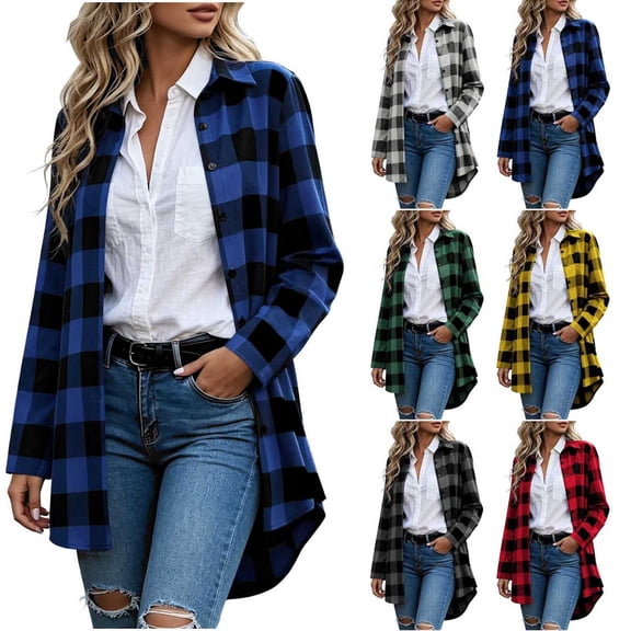 Hzzrkos Women Casual Vintage Print Loose Collared Long‑Sleeve Button‑Up Mid‑Length Flannel Shirt Jacket for Daily‑wear Street‑style Outfits